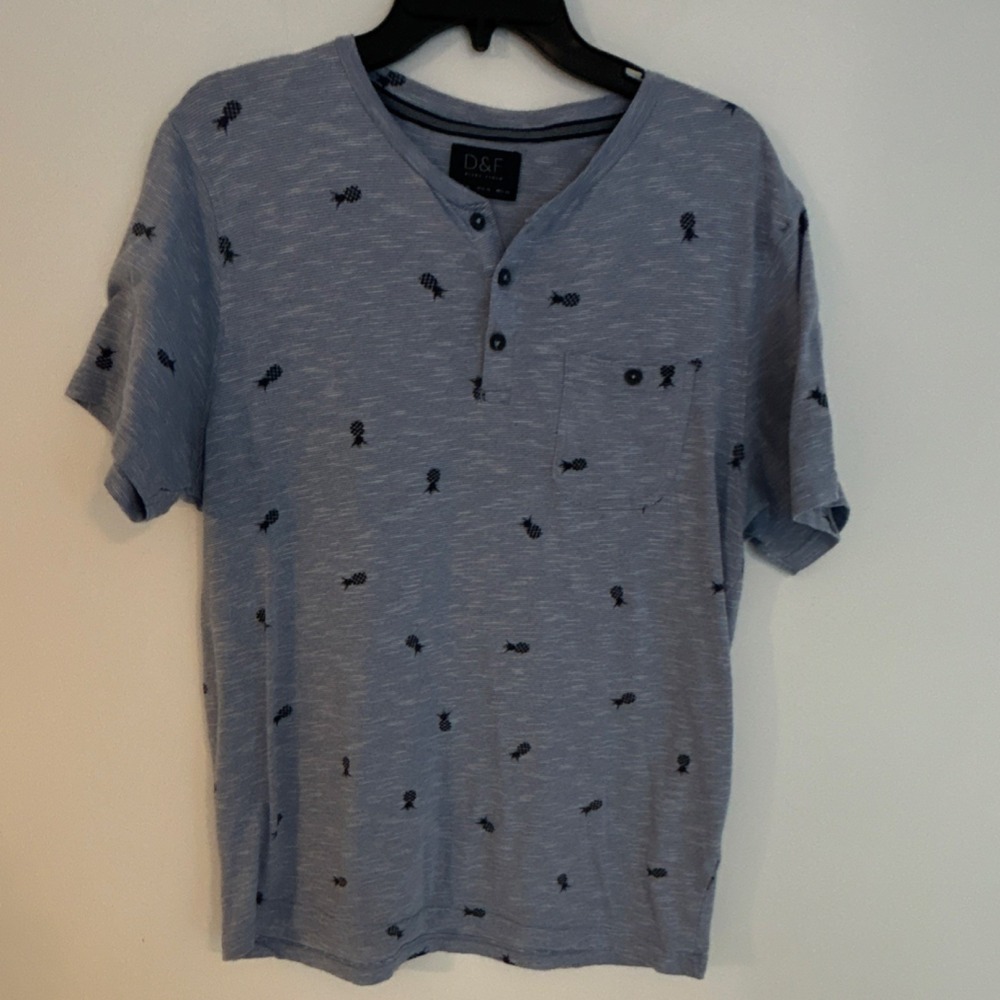 D&F Men's Pineapple Print Henley‎ Chest Pocket Knit Cotton Blend T-Shirt Blue XL